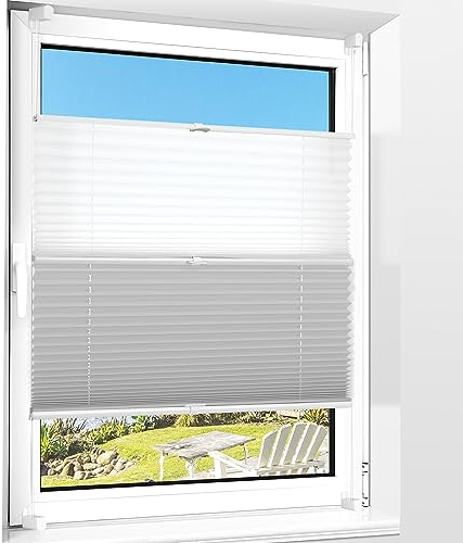 BOBODECO Day-Night Plissee ohne Bohren Verdunkelung mit Klemmfix, Weiß-Grau 50x130cm (BxH) Thermo Plissee 100% Verdunkelnd & lichtundurchlässig