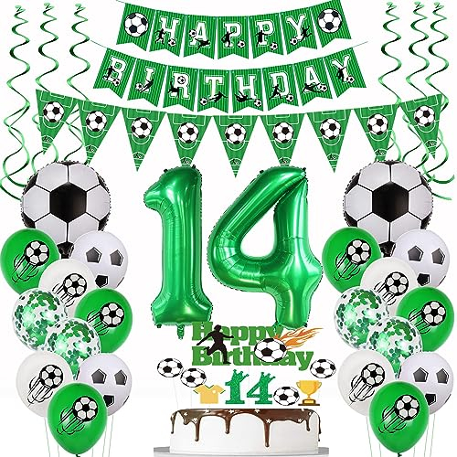 14 Jahr Fußball Geburtstag Deko,Fußball 14 Geburtstag Deko,Fussball Luftballon ,14 Ballon Grün, 14. Fußball Tortendeko,14.Geburtstagsdeko Fußball Torten Topper