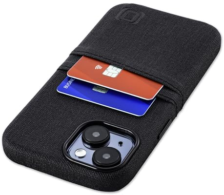 Dockem Card Case for iPhone 15 with Built-in Metal Plate for Magnetic Mounting & 2 Card Holder Pockets: Luxe M2 Wallet Case, Canvas Style Synthetic Leather (Black)