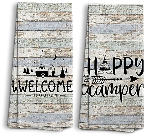 NOQL Happy Camper Handtücher, Camper-Geschenke, Wohnmobil-Zubehör für Innenspaß, Camping-Geschenke für Damen und Herren, Willkommen bei unserem Rolling Estate Küchentücher, Geschirrtücher, 2er-Set,