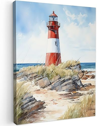 MuchoWow© Bilder 50x70 cm Wohnzimmer Deko Modern Wandbild Foto auf Leinwand Bild Schlafzimmer Room Decor Geschenke Maritime - Leuchtturm - Felsen - Meer - Natur - Maritim