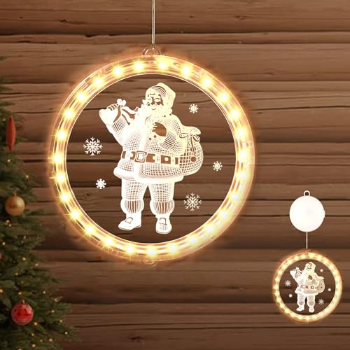 Luci Finestra di Natale Luci 3D,Luci Sospese con Ventosa, Luci Natalizie a Batteria Luci per Finestre di Natale,per Festa di Natale Interna ed Esterna Albero di Natale Addobbi (Babbo Natale)
