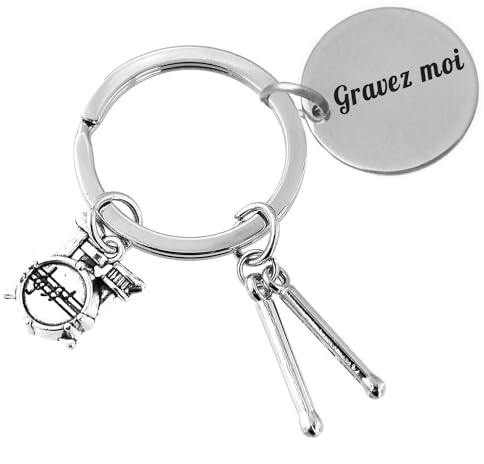 Porte-clés Musique Batterie Et Baguettes Argenté Gravure Personnalisée Sur Médaille
