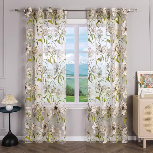 Delien Gardinen Ausbrenner mit Ösen Fenster Gardinen Landhaus Gardinenschals Transparente Vorhang mit Blumenmuster Modern Wohnzimmer Deko Ösenschals 1 St. Grün,BxH 140x145cm