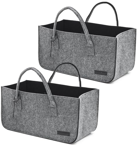 DuneDesign 2er Set: Schwerlast Shopping Bag Filz XXL - 50x25x25 Filztasche Groß - Kamintasche für Holz Tragetasche Kaminholz Korb - Auto Einkaufskorb Faltbar Einkaufstasche Filz Kaminholzkorb Modern