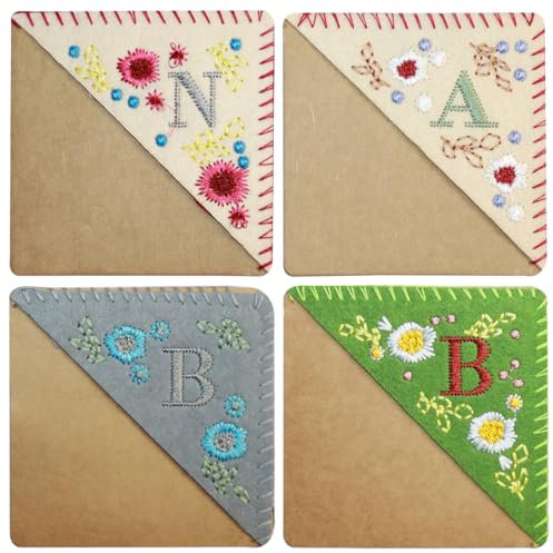 GXGM Lesezeichen personalisiert, Buchstaben personalisierte Hand gestickt Ecke, 4 Stück, exquisite Verarbeitung, geeignet für DIY-Bastelbedarf und Lesezeichen