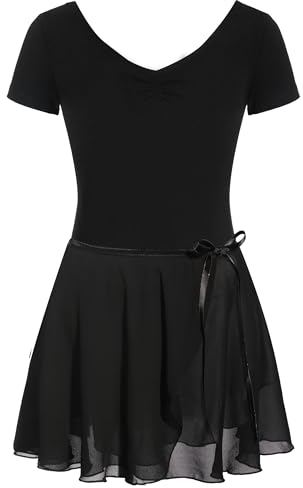 FONLAM Mädchen Ballettkleid Balletttrikot Kurzarm Tanzkleid Tanzbody Turnanzug Ballettrock Tutu Kinder Ballettanzug Baumwolle (11-12 Jahre, Schwarz)