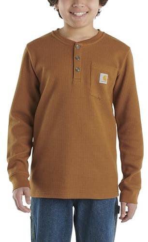 CARHARTT Boys' Long Sleeve Henley Thermal Pocket T-Shirt, Carhartt Brown, XL