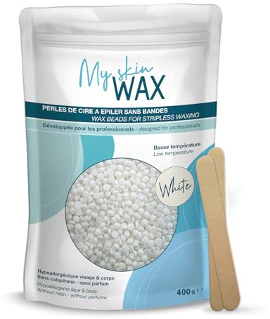 My Skin Wax - Perles de Cire à épiler sans Bande, 400g, Hypoallergénique, Cire d'Épilation en Douceur sans Rougeurs, Spéciale pour peaux Sensibles Homme Femme, Pelable, Visage, Bikini, Brésilien, M