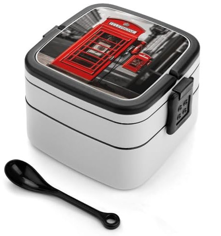 England UK Retro-Bento-Box mit London, doppellagig, Bento-Lunchbox mit Löffel und Griff, Lunchbox mit Fächern, Lunchbox für Erwachsene, auslaufsichere Lunchbehälter für Essen, Arbeit, Picknick