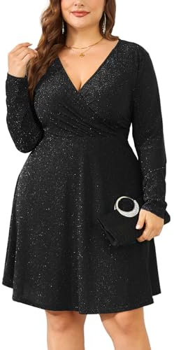 ZOMVA 2025 Plus Size 0X-4X Glitzer-Wickelkleid mit V-Ausschnitt, A-Linie, Minikleid, glitzernde Pailletten, sexy Kleider, Cocktail-Party, Club