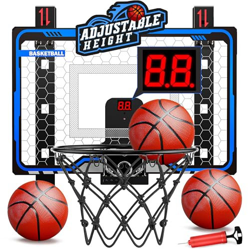 Hot Bee Mini Basketball Hoop for Door - Adjustable Height with LED Scoreboard, 3 Game Modes, Foam Protection, Dunk-Ready - Indoor Basketball Toy for Kids Ages 5 6 7 8 for Boys