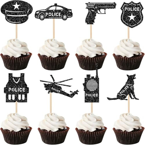 Pack of 24 Police Cupcake Toppers Glitter Policeman Cake Decoration Police Car Police Emblem Cake Decoration for Police Theme Children Birthday Party Cake Decoration Black