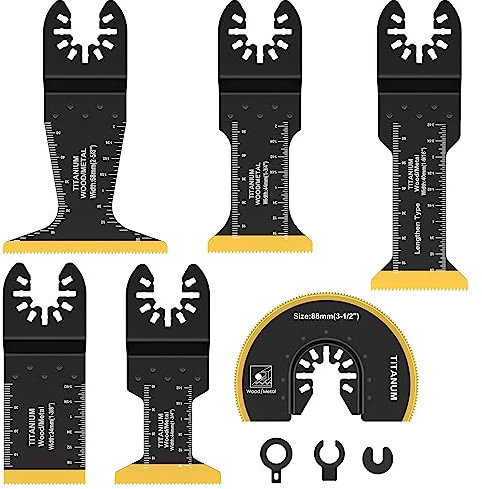 6pcs oszillierende Sägen Blätter Bi-Metall-Titanschicht mit Multitool-Klingen scharfe Verschleiß oszillierender Schwingen Schneides Sägenklingen mit Dichtungsadaptern für Holzplastikschneiden BOBASH