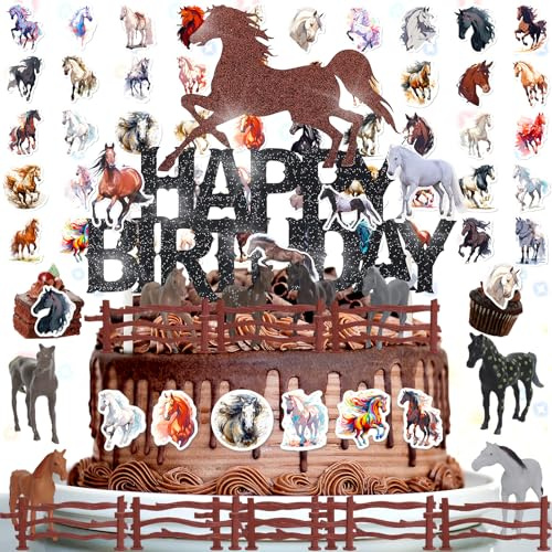 16 Stück Pferde Tortendeko Geburtstag Cake Toppers Pferde Cupcake Toppers Realistische Kunststoff Pferde Zaun Tortenstecker für Geburtstag Thema Party Torte Dekorationen