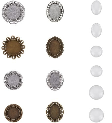 SUNNYCLUE 1 boîte 16 pièces Kit de Fabrication de Broches Cabochon Broche Boutonnière de Mariage Cabochon Lunette Plateau Épinglette Vierges Cabochons Ovales Demi Verre Broches Vierges pour la Fabrica