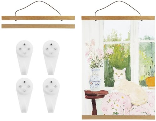 2er Set 31cm Magnetisch Posterschiene A3 mit 4 Stücke Weiße Bilderhaken, Bilderrahmen aus Teak für Wandbilder, Photos, Posterleiste Holzrahmen Bilderleiste Klemmleiste
