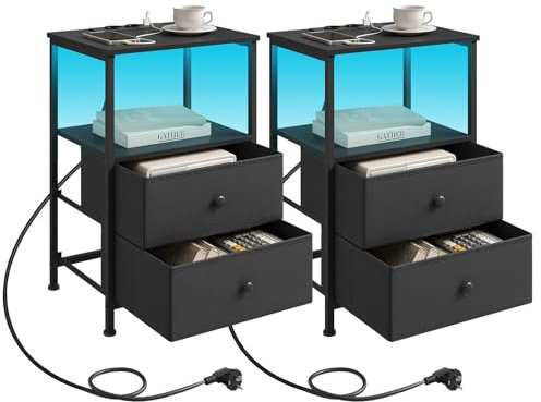 WOLTU Set of 2 Bedside Tables with Charging Station, Nightstands Bedside Cabinets with LED Lights, 2 Drawers 1 Open Shelf, Side Tables for Living Room Bedroom Office, Black, NTS27sz-2