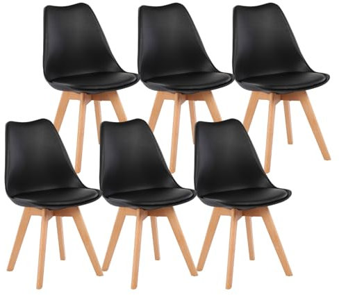 EGGREE IPOTIUS Esszimmerstuhl Skandinavisch Retro mit weicher Polsterung, SGS-Zertifiziert - Küchenstuhl Massivholz Buchenholzbeinen (6er Set, Schwarz)