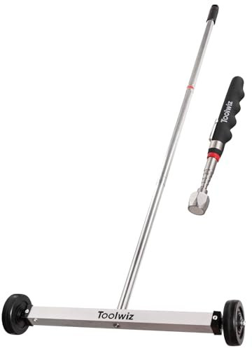 Toolwiz 43,2 cm rollende magnetische Kehrmaschine 4,0 kg, mit 7,3 kg Teleskop-Magnet-Aufhebewerkzeugen, leichte Pick-up-Kehrmaschine mit Rädern für Nägel, Schrauben und Metallabfall, Heimgebrauch