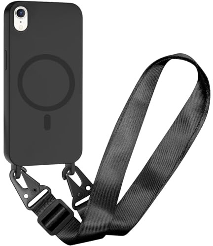 SLWYF Magnetische Handykette für iPhone XR Hülle, Handyhülle Kompatibel mit MagSafe, mit Band Silikon Seil Necklace Handyhülle PU Stoßfest mit Abnehmbar Hülle, Schwarz