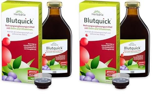 Herbaria Blutquick 500 ml - Nahrungsergänzungsmittel mit Eisen & Vitaminen. Auch für die Schwangerschaft und während des Stillens – glutenfrei, alkoholfrei und vegan (Packung mit 2)