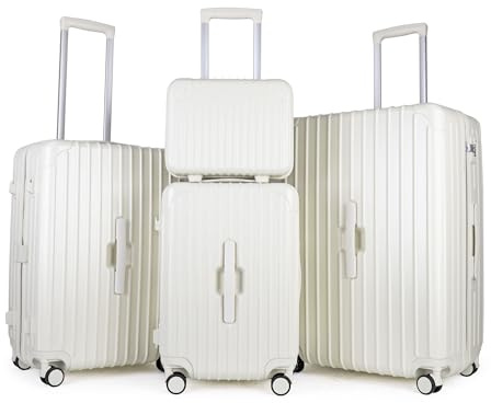 JLY 14/20/24/28 4 Piece Hard Shell Set with Vanity Case, Ivory White | ABS+PC construction, TSA locks, cup holder, 360-degree spinner wheels, telescopic handles for family travel