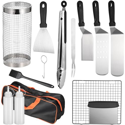 Grillbesteck Set 14 aus rostfreiem Edelstahl,Grillzubehör mit Grillzange,Grillwender,Grillspachtel,Grillkoffer,Grillmatte und 2 Squeeze Flasche für Männer Geschenk Garten und Camping