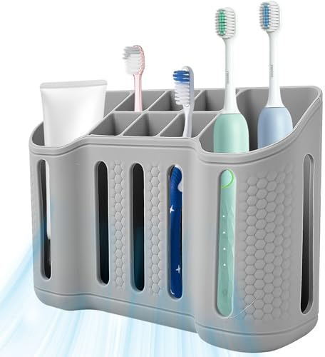 Porte Brosse à Dents en Silicone, avec 8 Emplacements de Rangement, Ventouse à L'arrière pour Une Fixation Sûre, Trous de Drainage, Adapté aux Brosses à Dents, Dentifrice (16 × 12 × 5 cm)