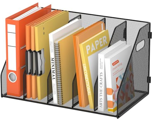 SUPEASY Binder organiser, Magazine File Holder with 5 Vertical Compartments Rack, Metal Desk File organiser & Binder Holders, Magazine organisers for Office Desktop, Home, School (Black)