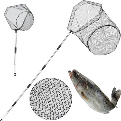 Fishing Net with Handle - 85-Inch Adjustable Extension Pole Fishing Net, Foldable Landing Net for Steelhead, Salmon, Fly, Kayak, Catfish, Bass, Trout Fishing, Essential Fishing Gear & Gifts for Men