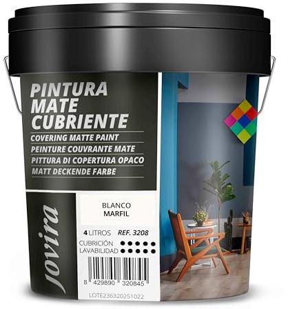 JOVIRA PINTURAS Pintura Mate Cubriente | Colores | Pintura interior-exterior con excelente poder cubriente. (4 Litros, Blanco Marfil)-T