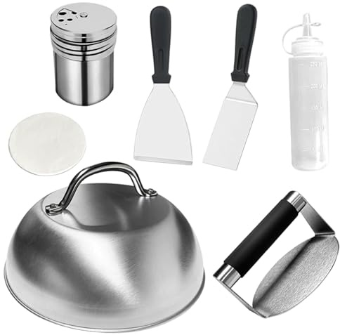 Monwssoe Kit de spatules pour Barbecue, 7 pièces en Acier Inoxydable avec Presse, spatules, Couvercle et papiers pour des galettes parfaites – Passe au Lave-Vaisselle et résistant à la Rouille