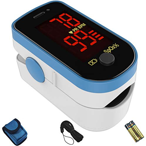 CHOICEMMed Finger Pulse Oximeter, Blood Oxygen Saturation Monitor, Fingertip O2 Sensor with LED Display, Pulse Rate Reader, Portable SpO2 Monitor with Batteries, Carry Case & Lanyard, Blue