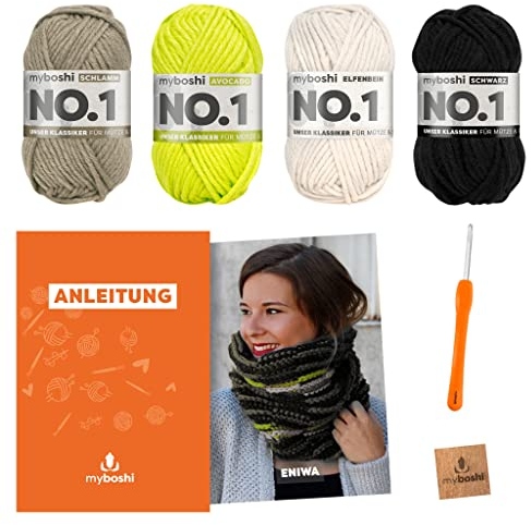 myboshi Häkelset Schlauchschal Eniwa, inkl. No.1 Wolle, Nadel und Anleitung, für Mützen und Schals, Häkelpaket, 30% Merinowolle Grün mit Häkelnadel
