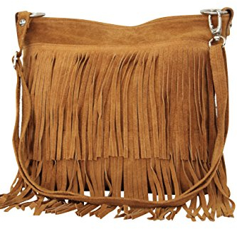 Ambra Moda WL809 Sac à bandoulière en daim avec franges 32 cm x 29 cm x 2 cm pour femme - Marron - cognac,