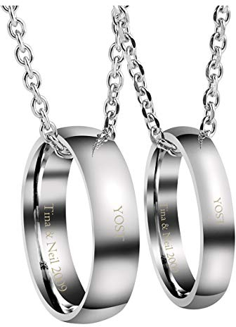 PiercingJ Personalized Gravur 2X Edelstahl Pärchen Halsketten Ring Anhänger Halskette Partner Paar Anhänger mit 24 Kette für Herren Damen, Silber (#02, Ring mit Gravur)