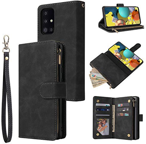 UEEBAI Coque pour Samsung Galaxy A51 4G, Etui en Cuir PU Portefeuille Rétro Antichoc Flip Case Housse avec Fentes de Cartes Fonction Support, Fermeture Magnétique - Noir