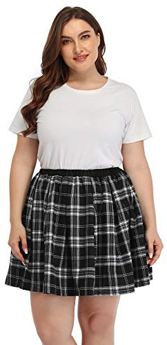 HDE Plus Size Plaid Skirt School Girl Lingerie Pleated Mini Skater Skirts (Black and White Plaid, 22-24)