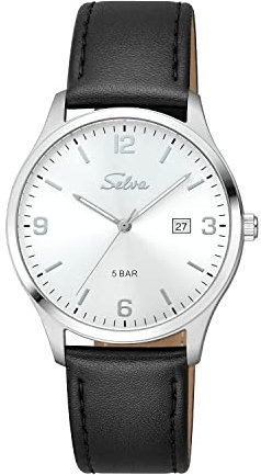 SELVA Herren-Armbanduhr, Quarz, Index und Ziffern, Edelstahlgehäuse, Lederarmband, Dornschließe, 5 bar (Silber)