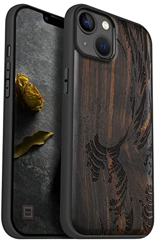 Carveit Custodia In Legno Per iPhone 14 Plus Cover avec magnetico Custodia Unique [Legno nero] [Paraurti Robusto TPU] Ricarica Compatibile con 14 Plus MagSafe Custodia (La grande onda)