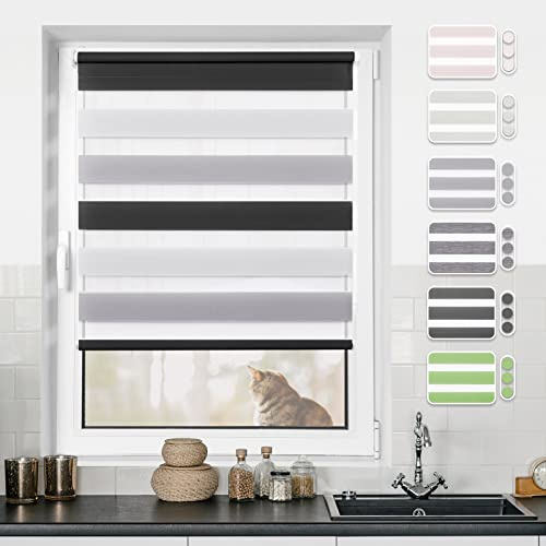 Doppelrollo Klemmfix ohne Bohren Rollos für Fenster ohne Bohren mit Bohren Weiß-grau-anthrazit 90x110cm(BxH)-Stoffbreite 86cm Rollo Fensterrollo Klemmrollos Fensterrollo innen lichtdurchlässig