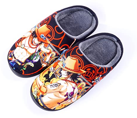 Roffatide Anime One Piece Fuzzy Hausschuhe Portgas D. Ace - Geschlossene Zehe, Offen Zurück Mit Gummisohle - Rutschfest Indoor Plüsch Schuhe für Frauen Männer Euro 42-43