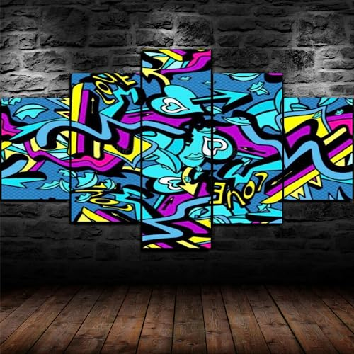 RAPSANI Mit Rahmen Leinwandbild 5 TLG Kunstdruck,Cartoon-Doodle Bilder auf Leinwand 5 TLG Vlies Wandbild,Leinwand Gemälde xxl,Tapete,Puzzle,leinwanddrucke,5 Stücke Bilder Linien und Herzen,125x60cm