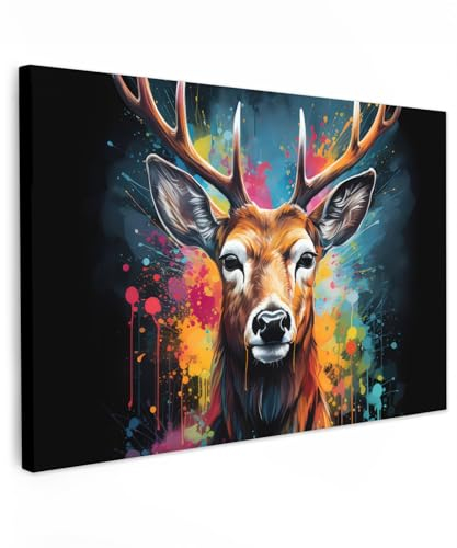 MuchoWow© Wandbilder Groß 120x80 cm XXL Schlafzimmer Home Deko Wohnung Bild Wohnzimmer Fotoleinwand Wand Bilder Leinwand Wall Decor Banksy - Street Pop Art - Hirsche - Graffiti - Tiere - Farben