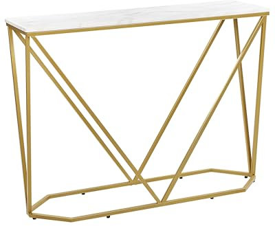 Table de Couloir Murale Console Effet Marbre Blanc en Métal Doré et MDF Plaqué Hazen