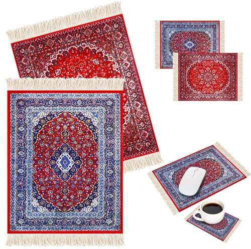 Hushee 4 Stück Persischer Stil Teppich Mauspad Mini Vintage Untersetzer Orientalisches Mauspad Blumenmuster Abschlussgeschenk Teppich mit rutschfester Gummiunterseite für Puppenhaus Schreibtisch