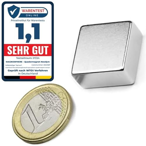 Quadermagnet Neodym Magnet-Quader Extra Stark - Haftkraft bis 800kg - Starke Blockmagnete - Rechteckige NdFeB Magnete, Stückzahl/Größe: 5 Stück - 20 x 20 x 10 mm | Haftkraft 14,2kg