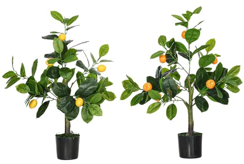 HOMCOM Juego de 2 Plantas Artificiales Decorativas Limonero y Naranjo de 60 cm con Maceta Plantas Sintéticas para Decoración del Hogar Verde