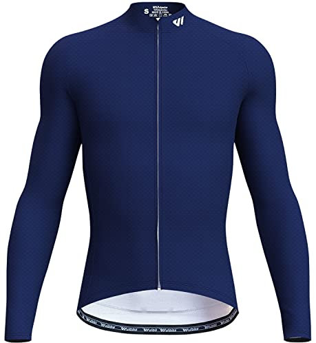 Wulibike Mens Cycling Jersey Top, Full Zip Breathable With Pockets, Road Cycling Top, NavyBlue L